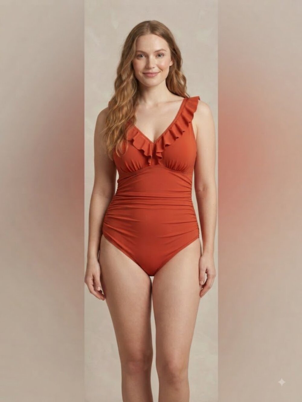 DKNY Rust Orange Ruffle One Piece Swimsuit XXL Plus Size Swimwear NWT - Picture 2 of 6